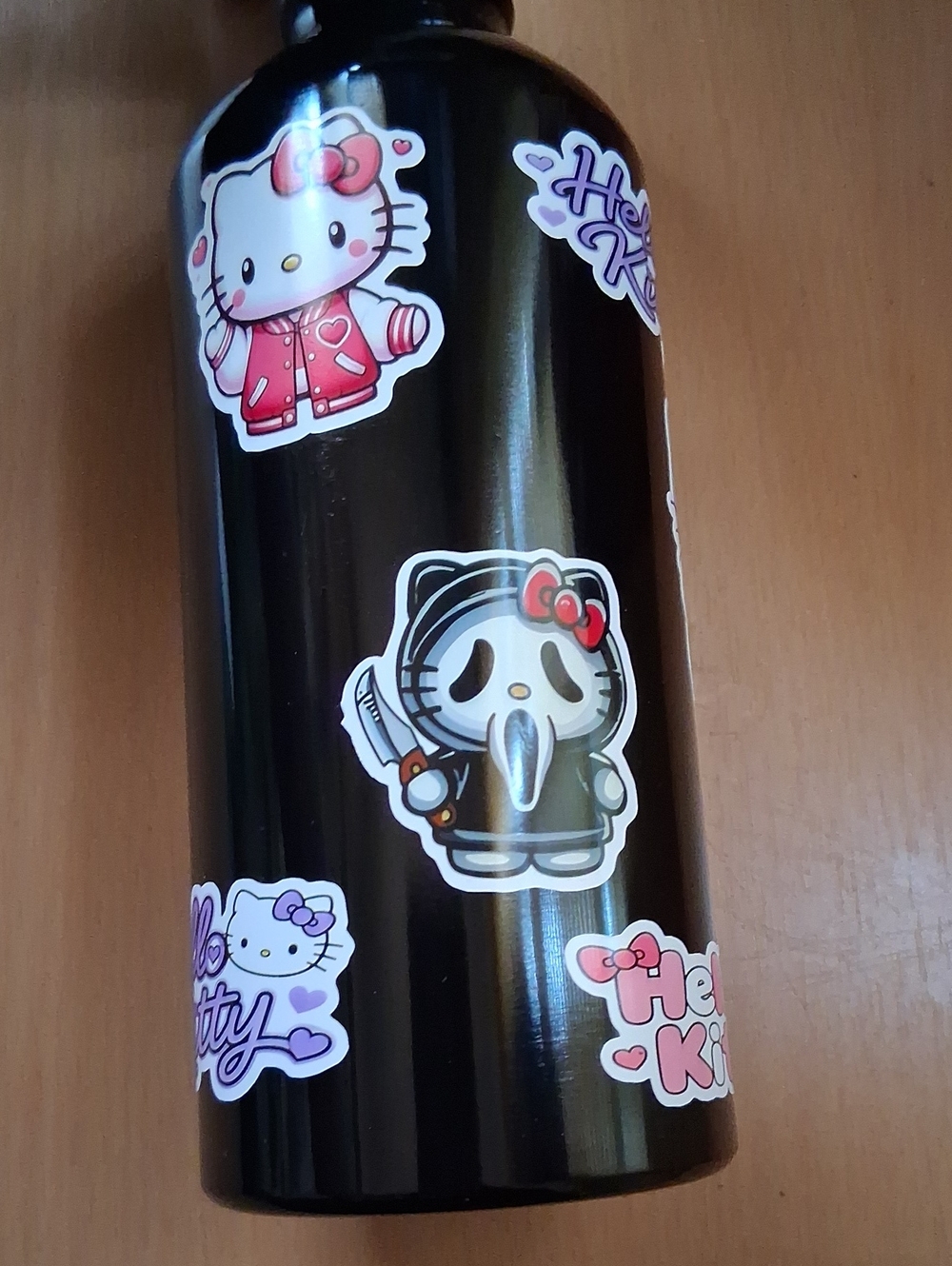 Black Hello Kitty Stickered Water Bottle